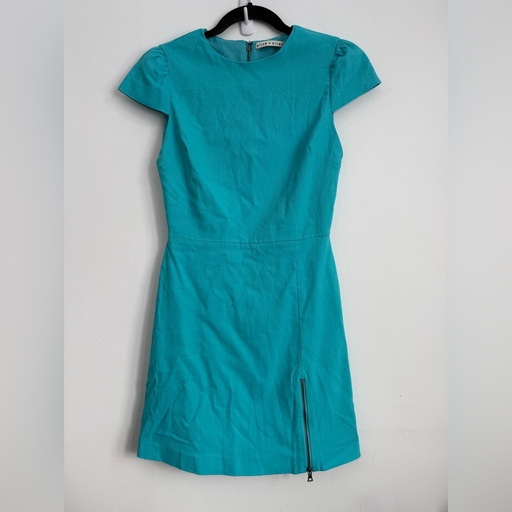 Alice + Olivia Mini Short Sleeve Structured Zipper Dress Turquoise Blue US 0